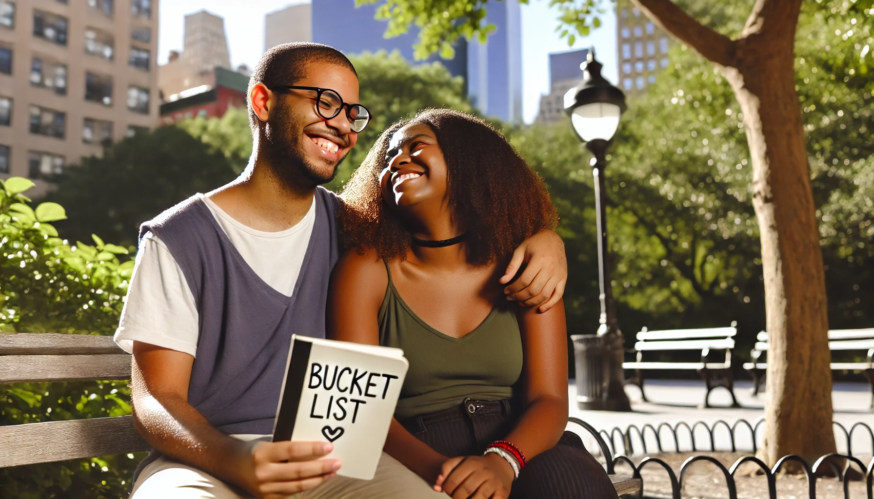 A couple sitting together in a sunny park. 