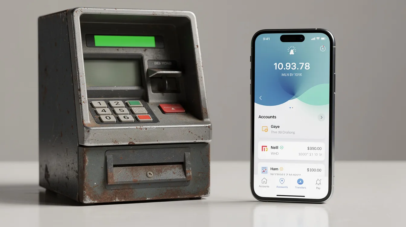 The image features a vintage ATM machine alongside a modern smartphone displaying a banking app, symbolizing the evolution of the financial services industry from traditional banking to fintech solutions. This juxtaposition highlights the transformative potential of technology in managing personal finance and enhancing banking services.