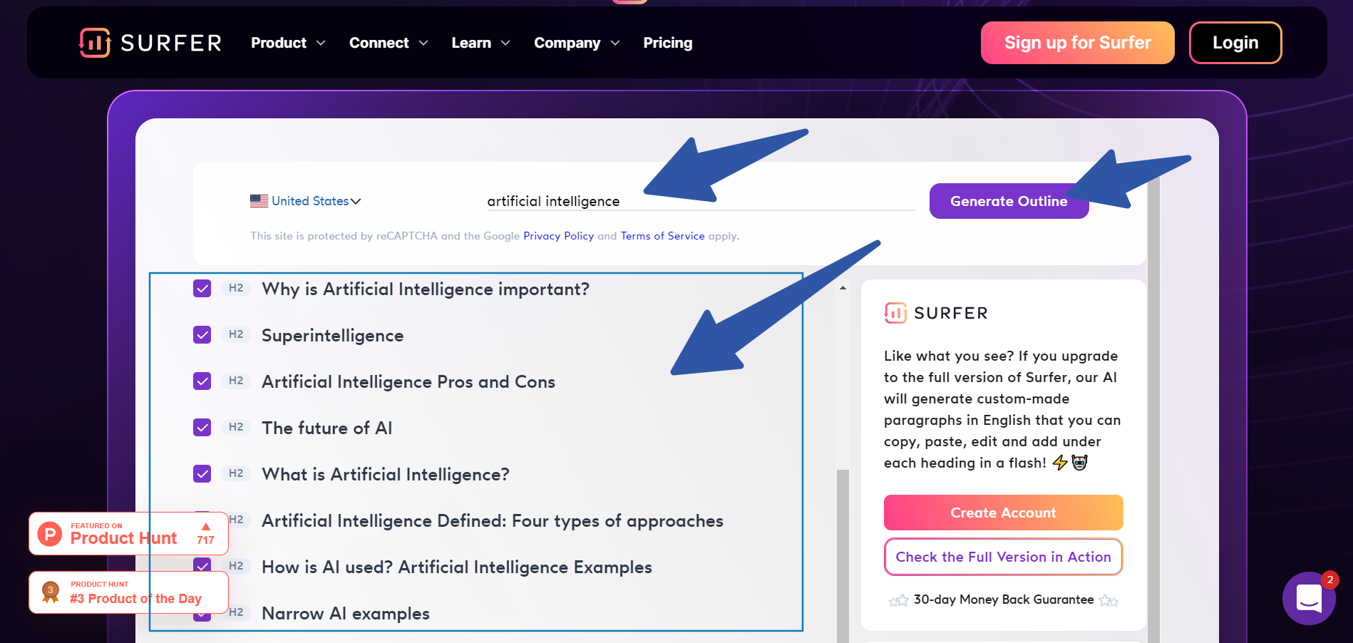 SurferSEO's AI article outline generator