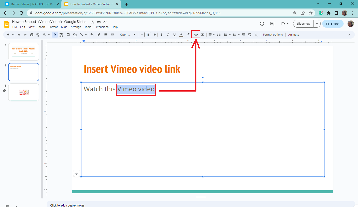 Select or highlight the word you want to hyperlinked and click "Insert link" button.
