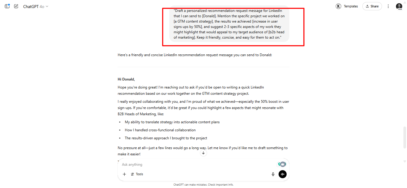ChatGPT LinkedIn recommendation request example
