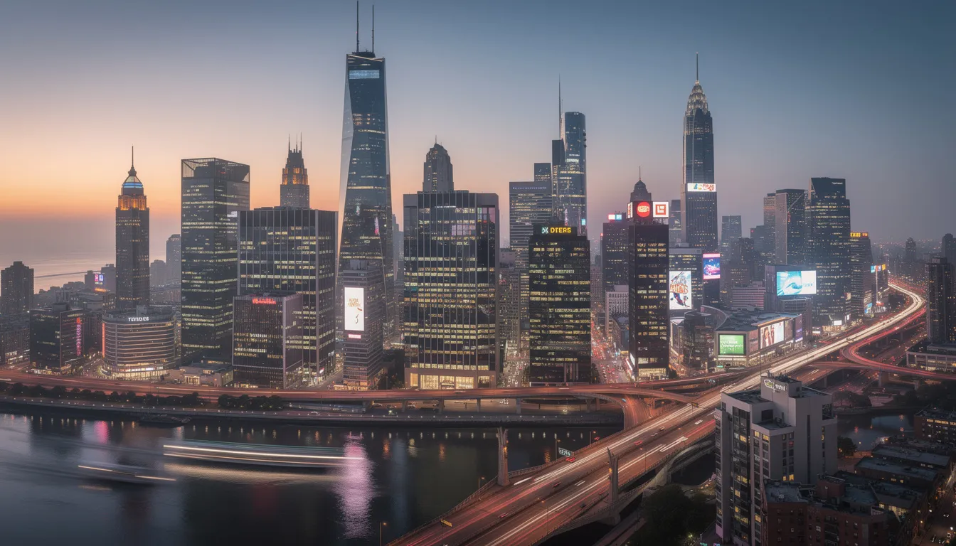 The image showcases a vibrant modern city skyline at dusk, featuring iconic buildings from various major metropolitan areas, illuminated against a colorful sky. This scene symbolizes the dynamic environment where technology businesses and law firms operate, focusing on commercial transactions and the legal aspects of emerging technologies.