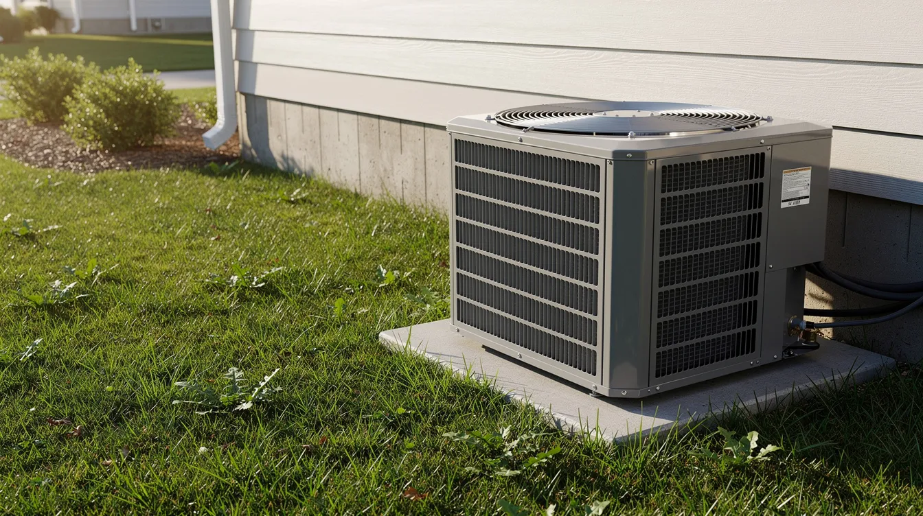 An outdoor AC condenser unit, designed for efficient temperature control, is positioned beside a residential home on a lush green lawn. This 3 ton AC unit is part of a complete HVAC system, ensuring quiet operation and reliable performance for the household.