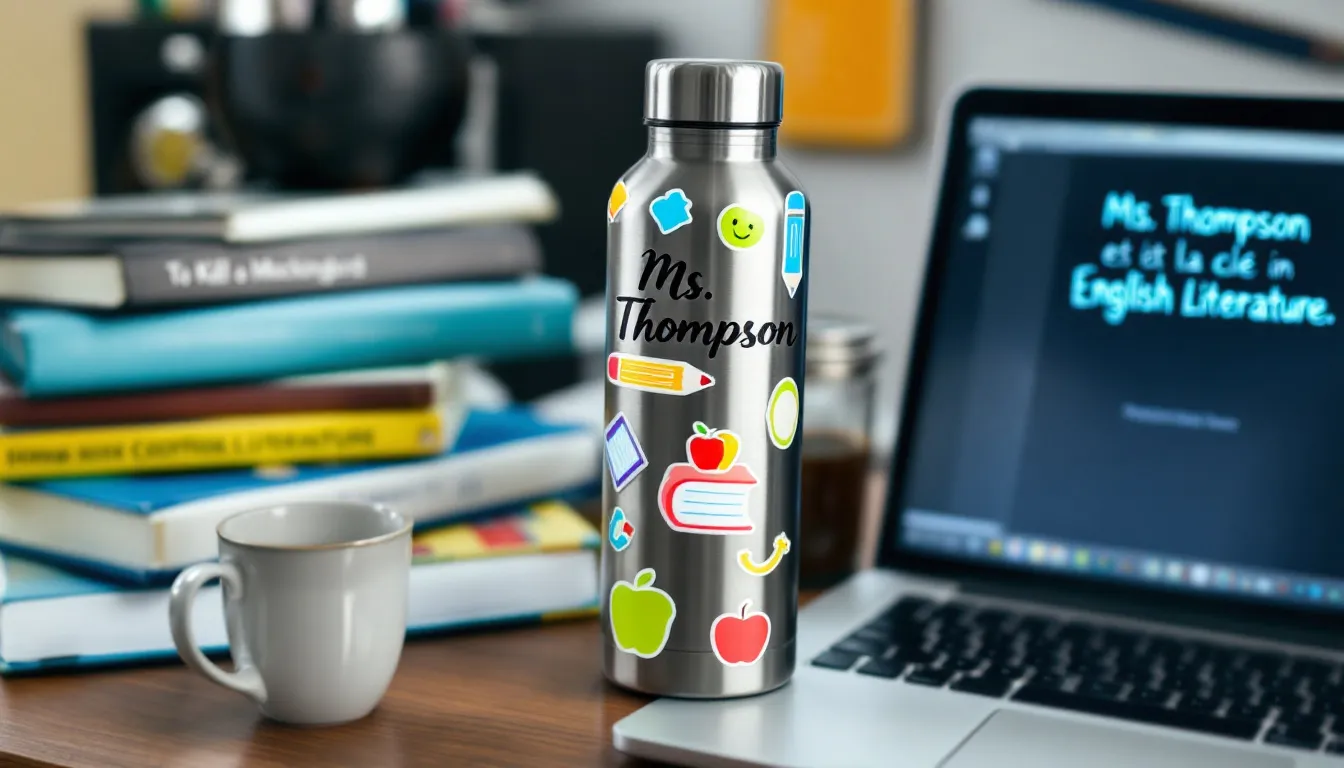A personalized stainless steel water bottle, adorned with school-themed stickers and a name, sits on a teacher's desk surrounded by textbooks and a laptop, highlighting thoughtful teacher appreciation gifts that are great alternatives to coffee mugs. The scene emphasizes a supportive and creative classroom environment for children's teachers.
