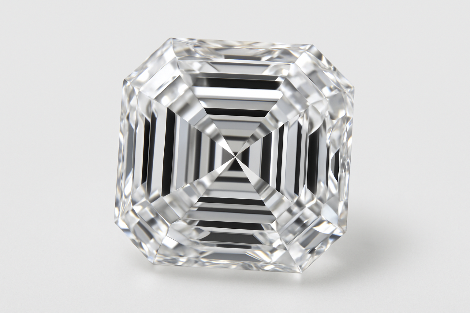 Tobulas Asscher pjūvio deimantas ant balto fono, aiškiai išryškintos laiptinės briaunos ir veidrodiniai atspindžiai, aukštas švarumas