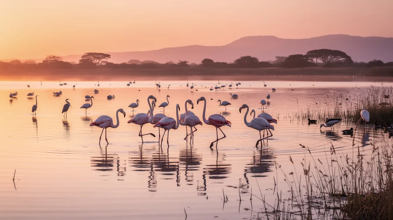 A calm lagoon at sunset with flamingos and other water birds.