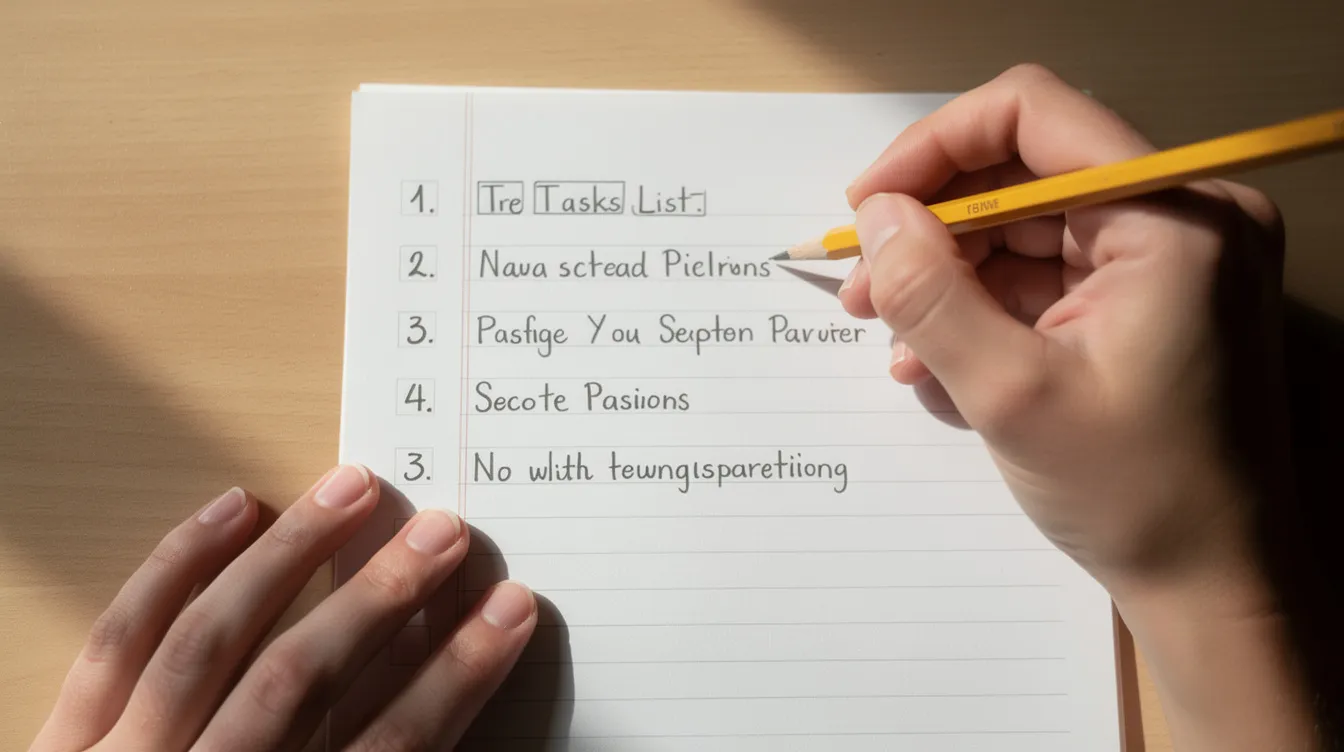 The image shows hands writing a numbered task list on lined paper with a pencil, illustrating effective planning and organization skills. This visual representation emphasizes the importance of breaking larger tasks into manageable steps to help students and younger children stay organized and complete their homework efficiently.