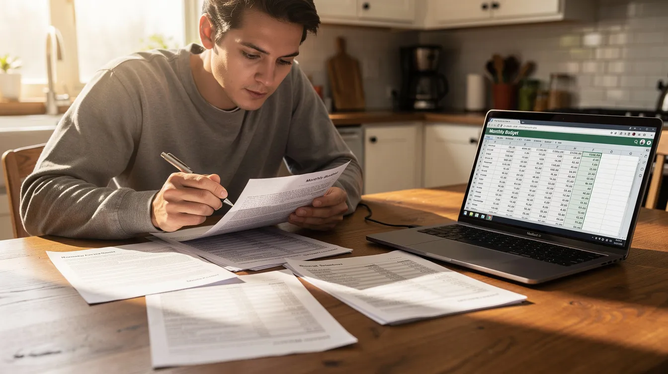 A person is seated at a kitchen table, reviewing financial documents while using an open laptop, likely assessing their financial situation related to home equity loans or a home equity line of credit (HELOC). The scene suggests they are considering options for borrowing money, such as consolidating debt or planning for home improvements, while managing interest rates and monthly payments