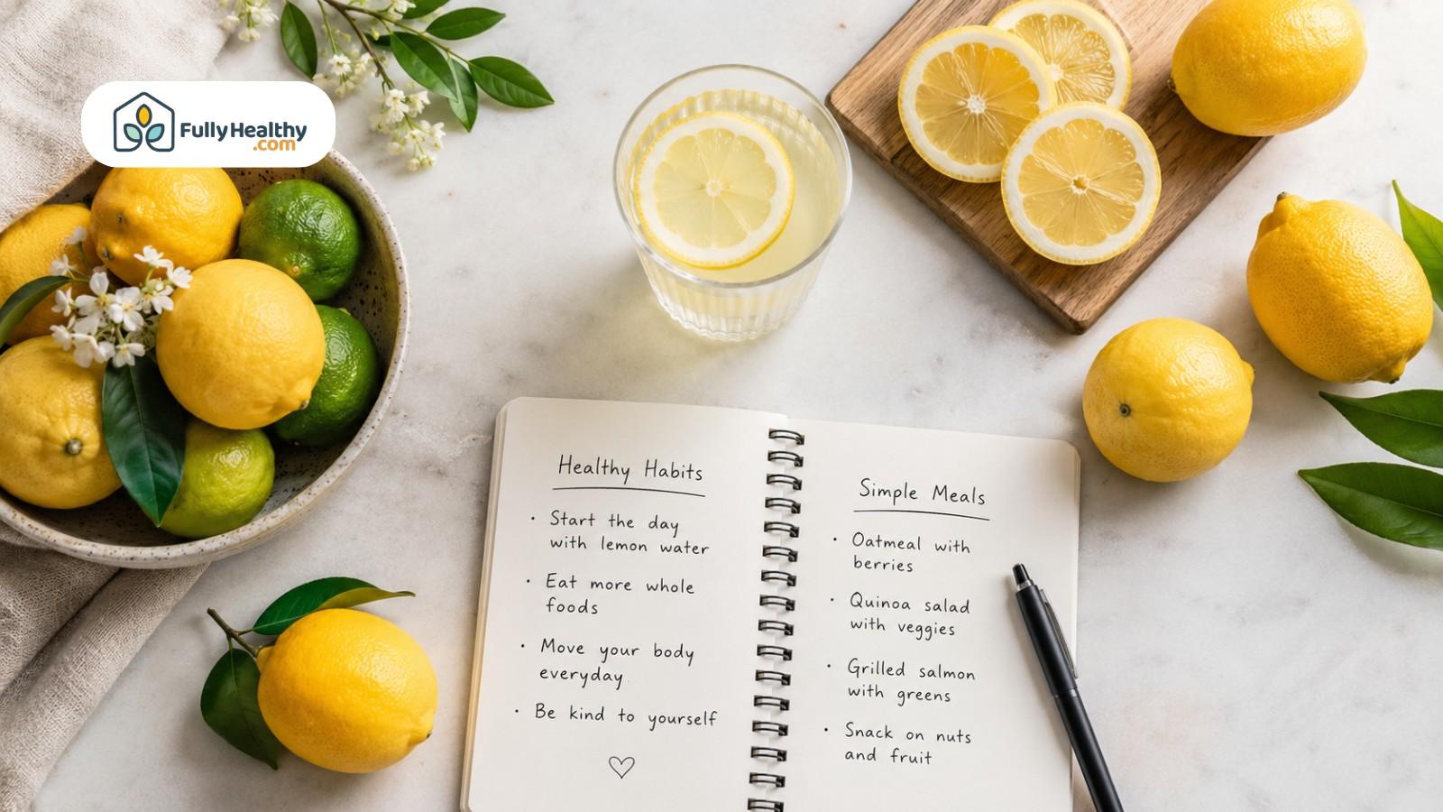 Healthy habits notebook beside lemons citrus fruits and glass of lemon water