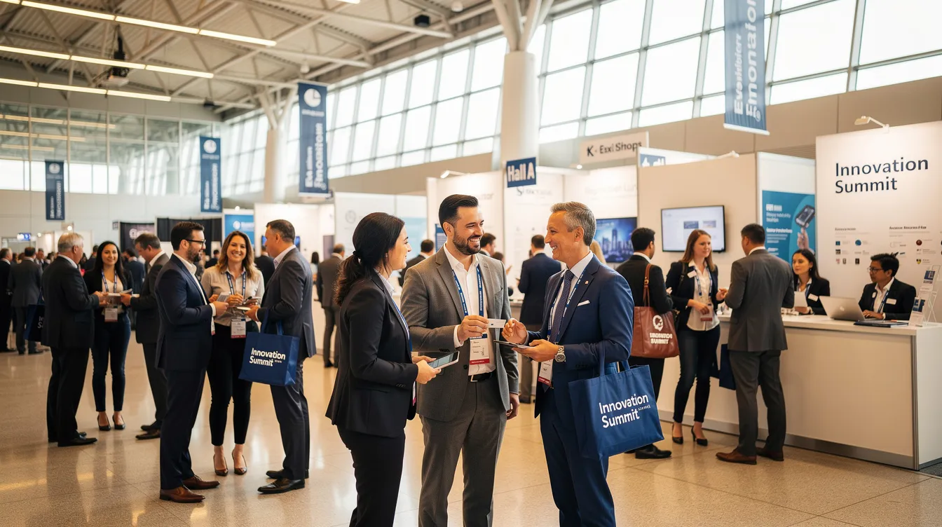 A diverse group of professionals is seen networking at an industry trade show held in a modern convention hall, discussing marketing strategies and trends in the construction industry. Attendees are engaged in conversations about digital marketing campaigns and building relationships with potential clients to enhance their construction business growth.
