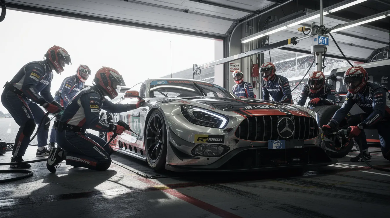 A vibrant race car is pulled into a busy pit stop, surrounded by a team of mechanics quickly making adjustments with various tools in hand, all under the bright overhead garage lights. The scene captures the urgency and precision of the crew, reminiscent of optimizing a WordPress site for speed and performance.