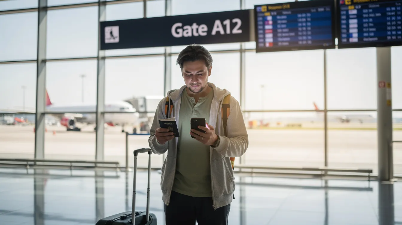 A traveler stands at an airport gate, holding a valid passport and looking intently at their phone screen, likely checking their online immigration status or visa application reference number. The scene captures the anticipation and importance of ensuring all travel documents are in order before their journey.