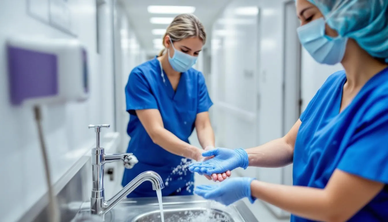 The image depicts healthcare workers demonstrating proper hand washing techniques at a medical sink, emphasizing the importance of hygiene in preventing the spread of communicable diseases. Their actions highlight how effective hand washing can reduce the risk of infections caused by bacteria and viruses, ultimately safeguarding patients and the community from illnesses.