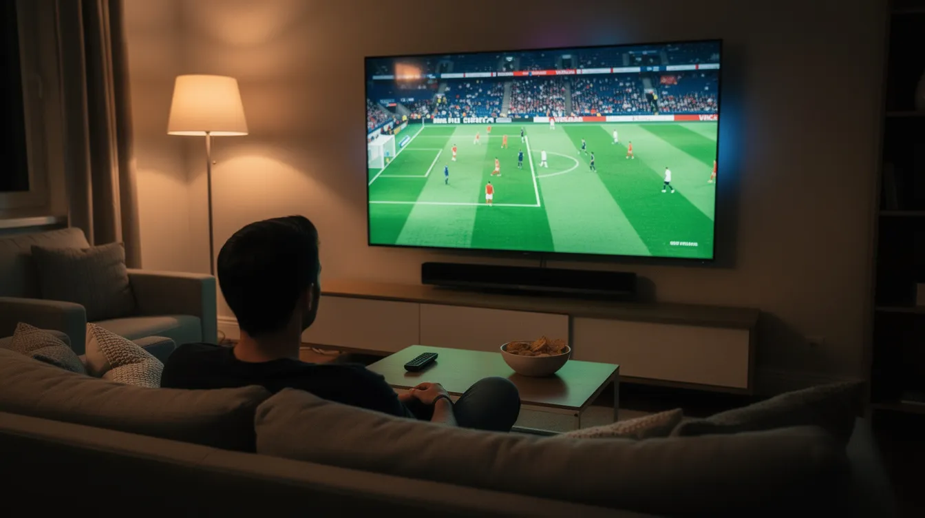 A person is comfortably seated on a couch, engrossed in a football match being broadcast on a large modern smart TV, showcasing high-quality streaming of live sports. The scene captures the excitement of watching major sports events, emphasizing the appeal of reliable IPTV services for UK viewers.