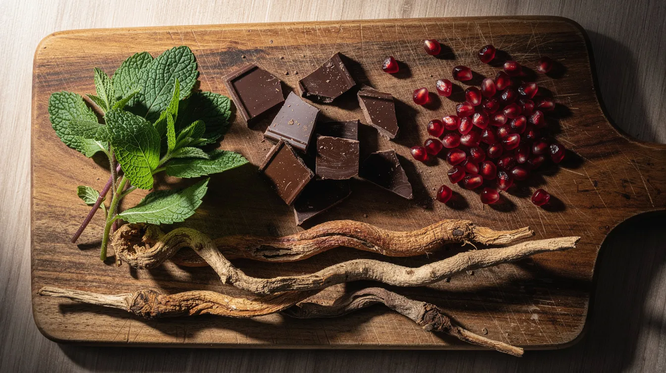 The image features a wooden cutting board adorned with an assortment of natural herbs, dark chocolate pieces, pomegranate seeds, and dried roots, all of which are known for their aphrodisiac properties that may enhance sexual desire and improve sexual function. These ingredients represent a holistic approach to boosting libido and supporting sexual health for both men and women.
