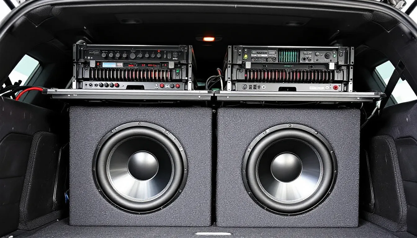 The image showcases a detailed car audio system featuring multiple amplifiers and subwoofers, highlighting brands such as Planet Audio and JL Audio. This setup emphasizes sound quality and personal preference, making it a great discussion starter for car audio enthusiasts.