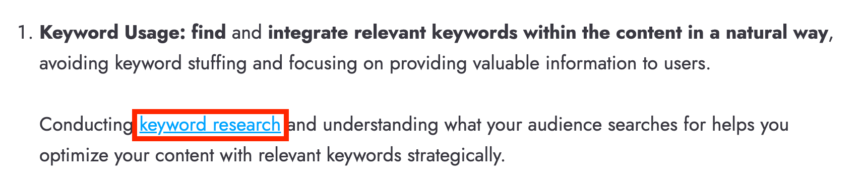 link building tips Example of the anchor text "keyword research" that links to a relevant content 