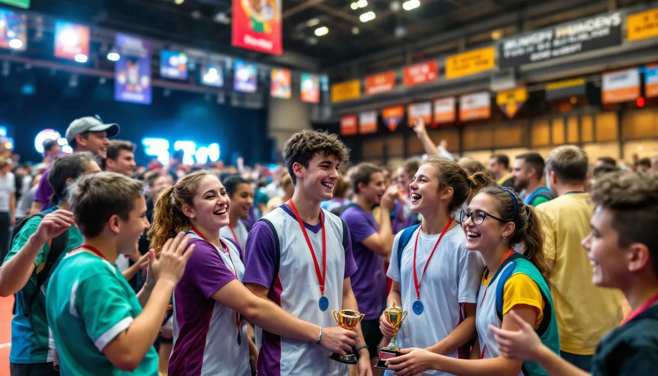 A group of young players joyfully celebrates their victories after completing their matches at a youth-focused pickleball tournament, showcasing the spirit of competition and camaraderie in the sport. The scene captures the excitement of the event, highlighting the players' achievements in various divisions like women's doubles and men's singles.