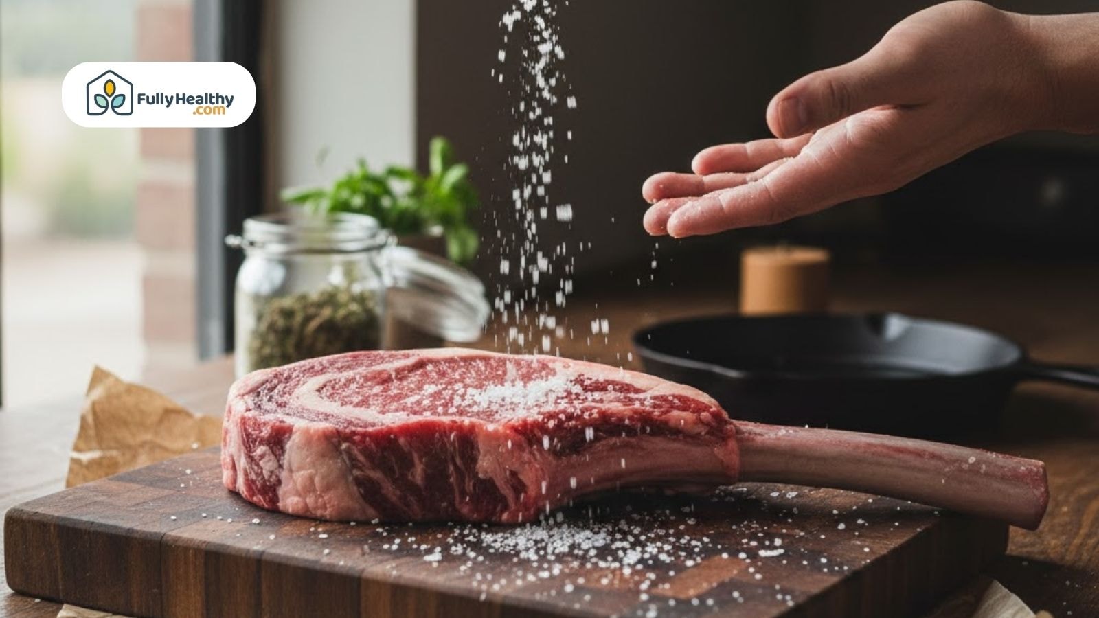 Raw tomahawk steak being seasoned with salt on board.