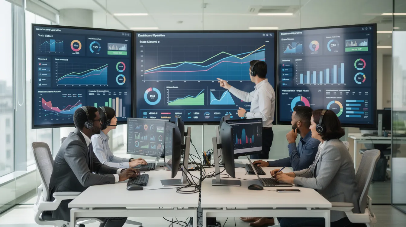 Un team operativo osserva attentamente una dashboard su schermi in un ufficio moderno, utilizzando strumenti di monitoraggio per la valutazione dei fornitori e la gestione dei rischi. L'ambiente è caratterizzato da un design contemporaneo e funzionale, con focus sulla qualità e la compliance nei processi aziendali.