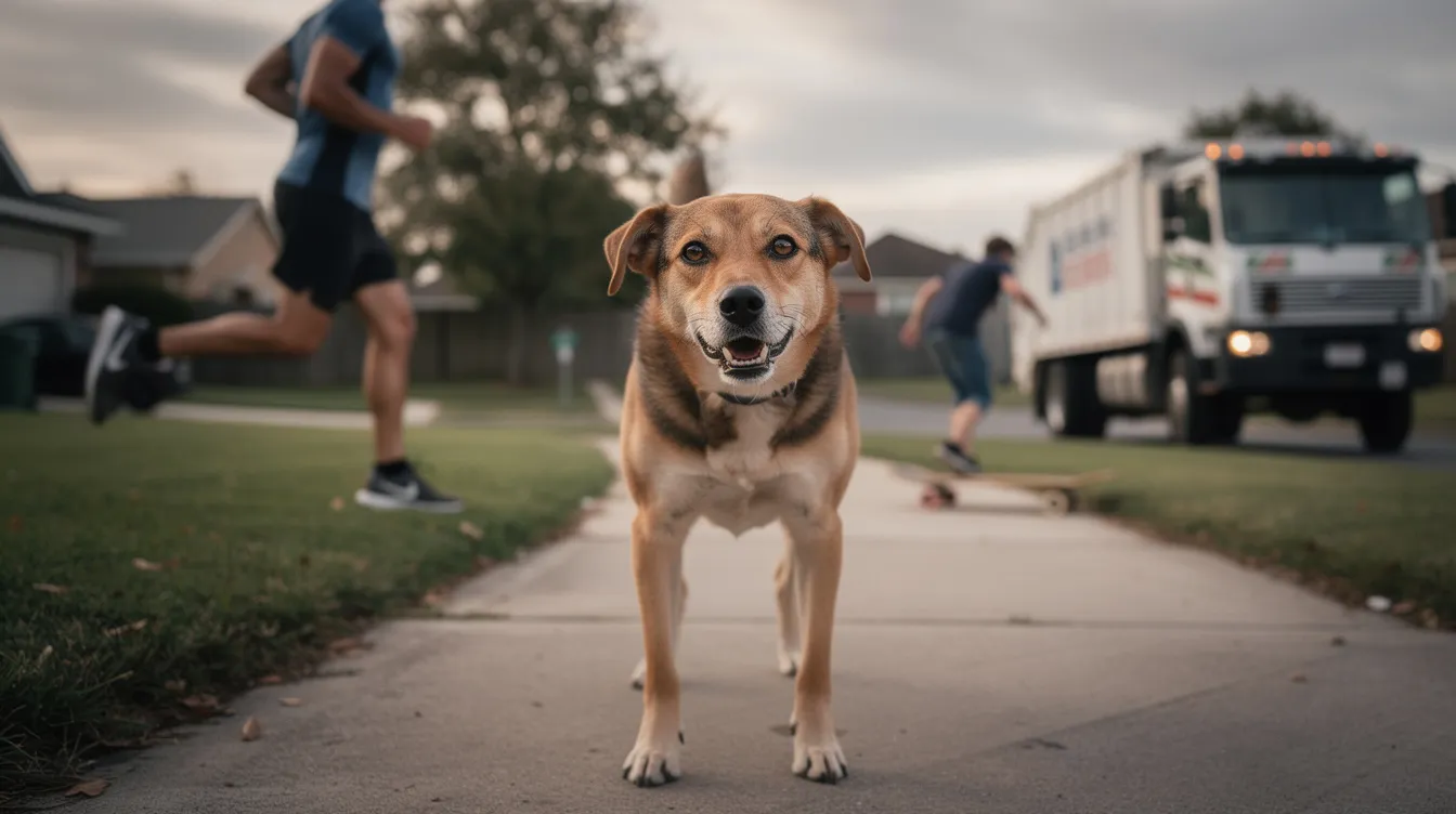 The image depicts a dog in a busy park, surrounded by other dogs and unfamiliar people, showcasing signs of stress such as lip licking and a tense body posture. This scene illustrates the concept of trigger stacking, where multiple stressors in the environment can lead to a dog's heightened arousal and reactive behavior.