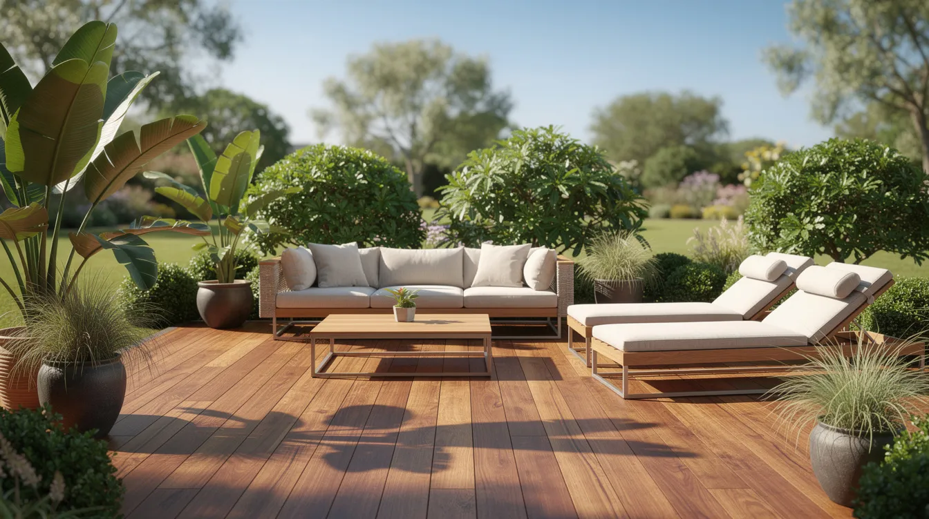Une terrasse en bois exotique aménagée avec du mobilier de jardin moderne, entourée de végétation luxuriante. Cet espace extérieur, idéal pour la détente, reflète un savoir-faire artisanal et une attention particulière portée à l'aménagement, typique de la menuiserie à la Chapelle sur Erdre.