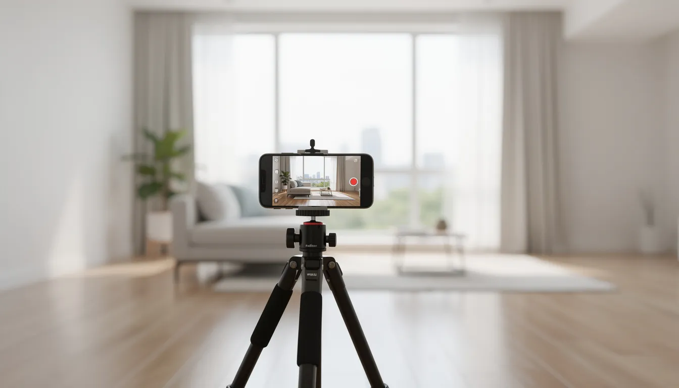 Na zdjęciu widoczny jest smartfon umieszczony na statywie, który fotografuje jasne wnętrze pokoju z dużym oknem, wypełnionym naturalnym światłem. Takie profesjonalne zdjęcia mogą znacząco zwiększyć atrakcyjność oferty w ogłoszeniu o sprzedaży mieszkania.