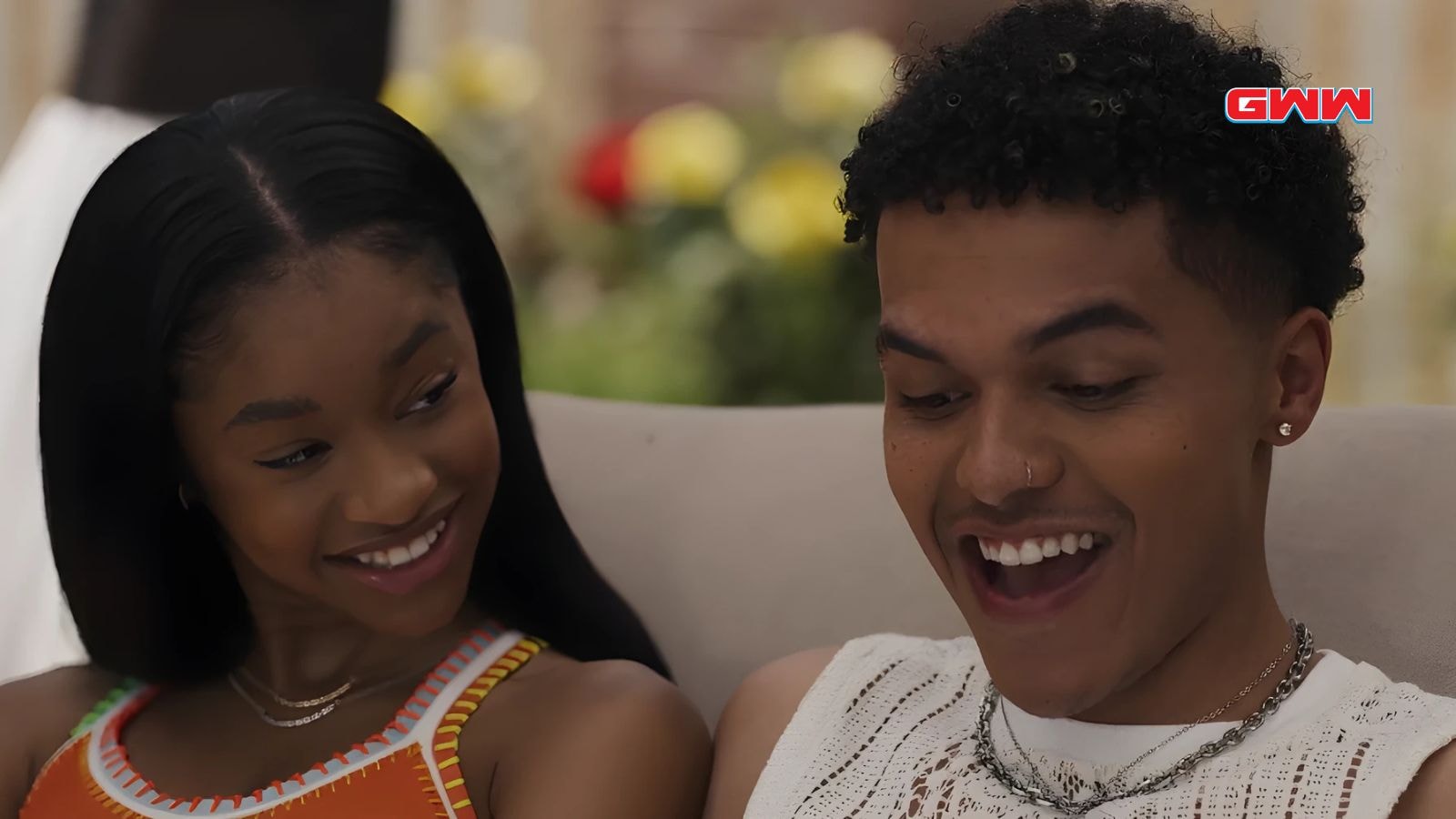 Akira Akbar as Ashley Banks smiling beside Olly Sholotan as Carlton