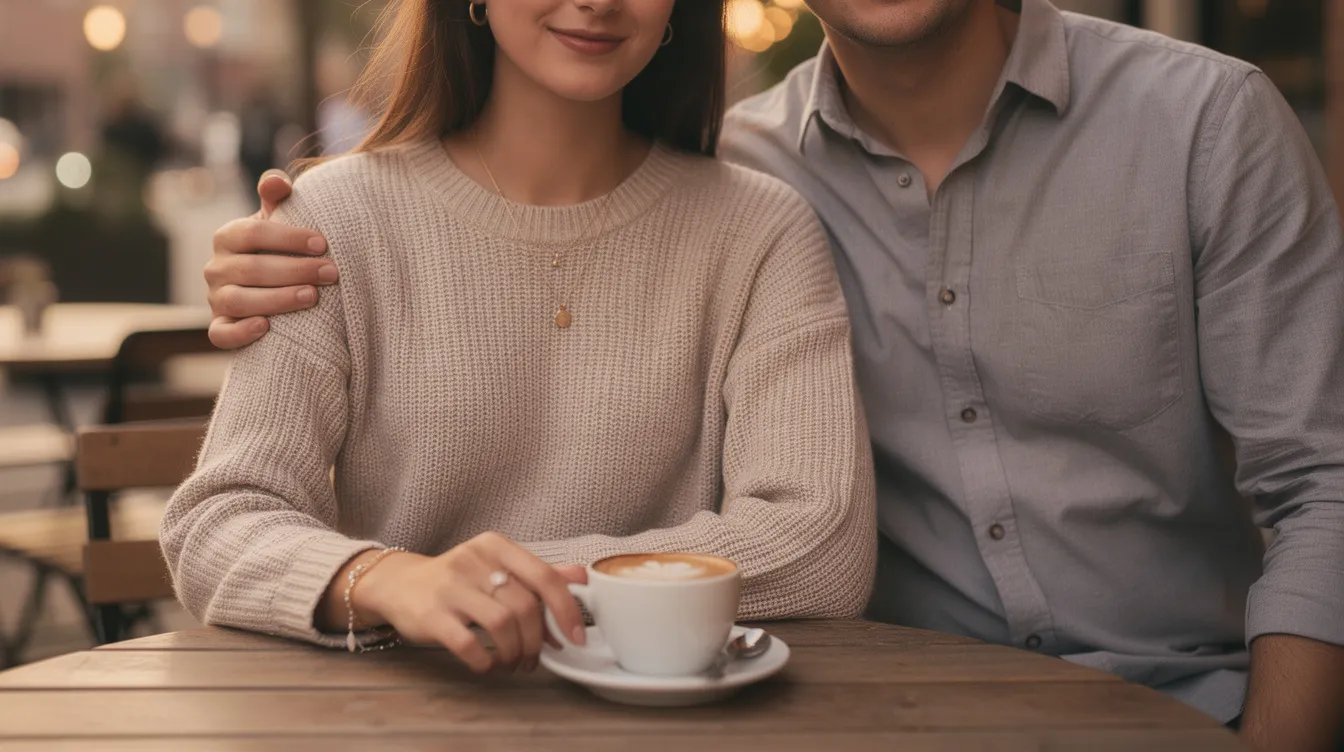 The image showcases a couple casually posing together for a mirror selfie, hinting at their new relationship with a soft launch approach. The man's arm is gently wrapped around his partner, creating a cozy and intimate moment that reflects their early stages of romance while maintaining a sense of privacy from the general public.