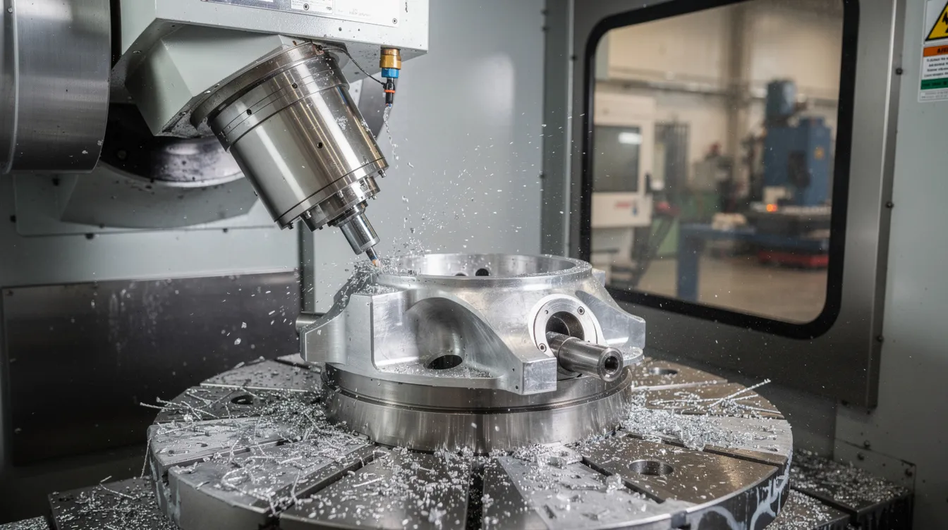 The image showcases a five-axis CNC machining center actively cutting a complex metal part from multiple angles, highlighting the precision machining capabilities essential for producing high-quality CNC machine parts. This advanced setup is indicative of the efficiency and accuracy required in industrial applications such as automotive and aerospace manufacturing.