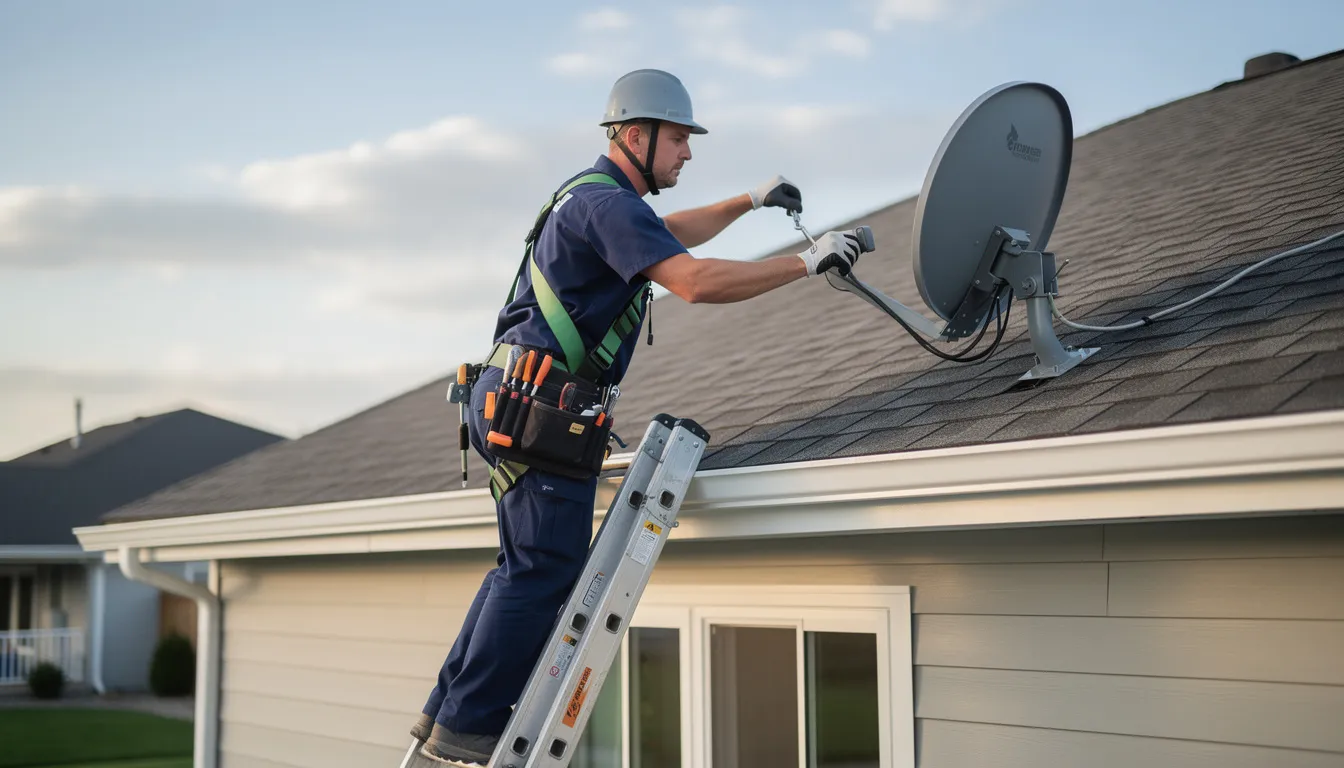 A professional technician is seen on a ladder, making adjustments to a satellite dish on the roof of a residential home. This image illustrates the expertise involved in dstv installations and repairs, highlighting the importance of proper dish alignment for optimal signal reception.