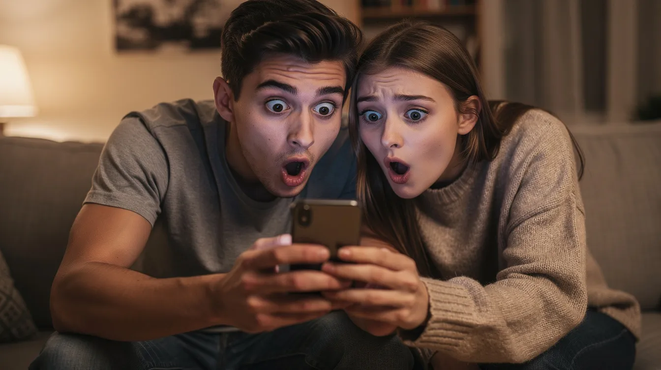A boyfriend and girlfriend sit closely together, both looking at a cellphone with expressions of surprise and curiosity, as they explore a compatibility test related to their relationship. This moment captures their shared interests and the excitement of discovering insights about their connection in real life.