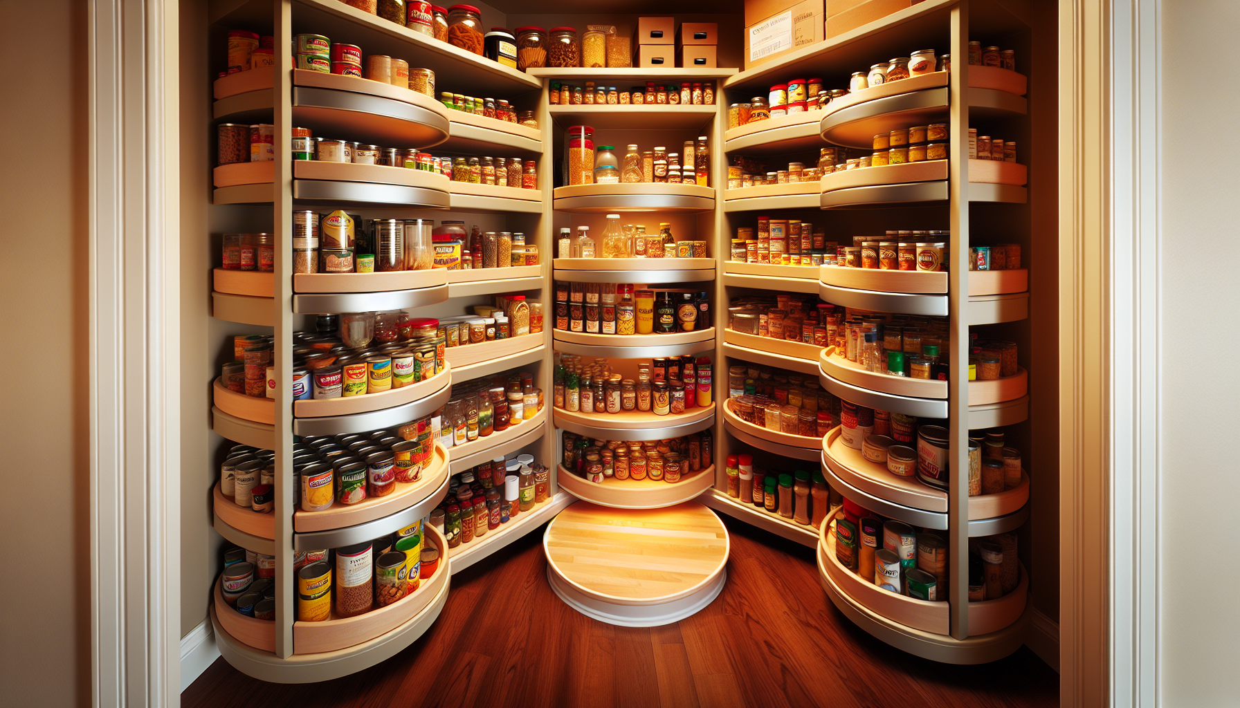 Corner organization with Lazy Susan turntables in a small walk-in pantry