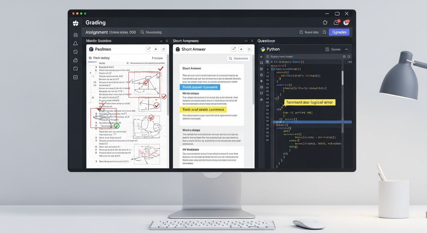 Modern grading platform interface handling scanned exams, typed responses, and code submissions side by side