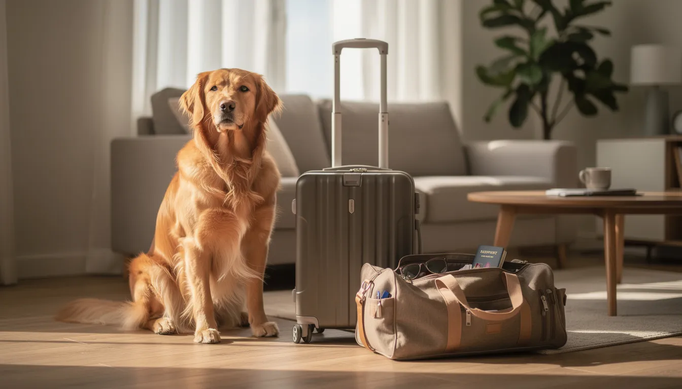 A golden retriever sits calmly beside a packed suitcase and travel bag in a cozy living room, suggesting preparations for a trip to one of the pet friendly hotels in Fredericksburg, VA. The scene evokes a sense of adventure and companionship, perfect for travelers looking to explore local attractions.