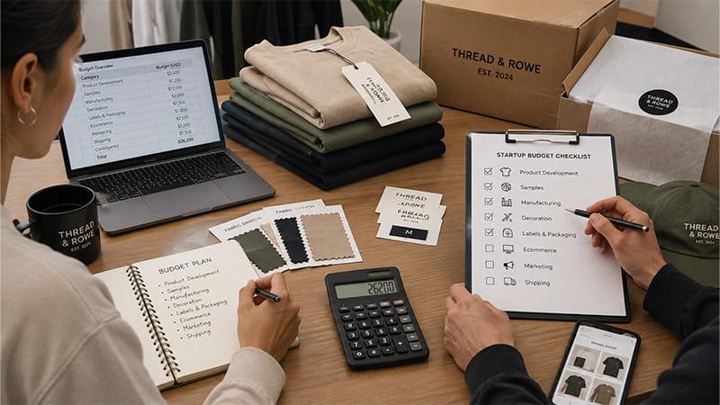 Founders reviewing a clothing brand startup budget checklist, apparel samples, and production costs