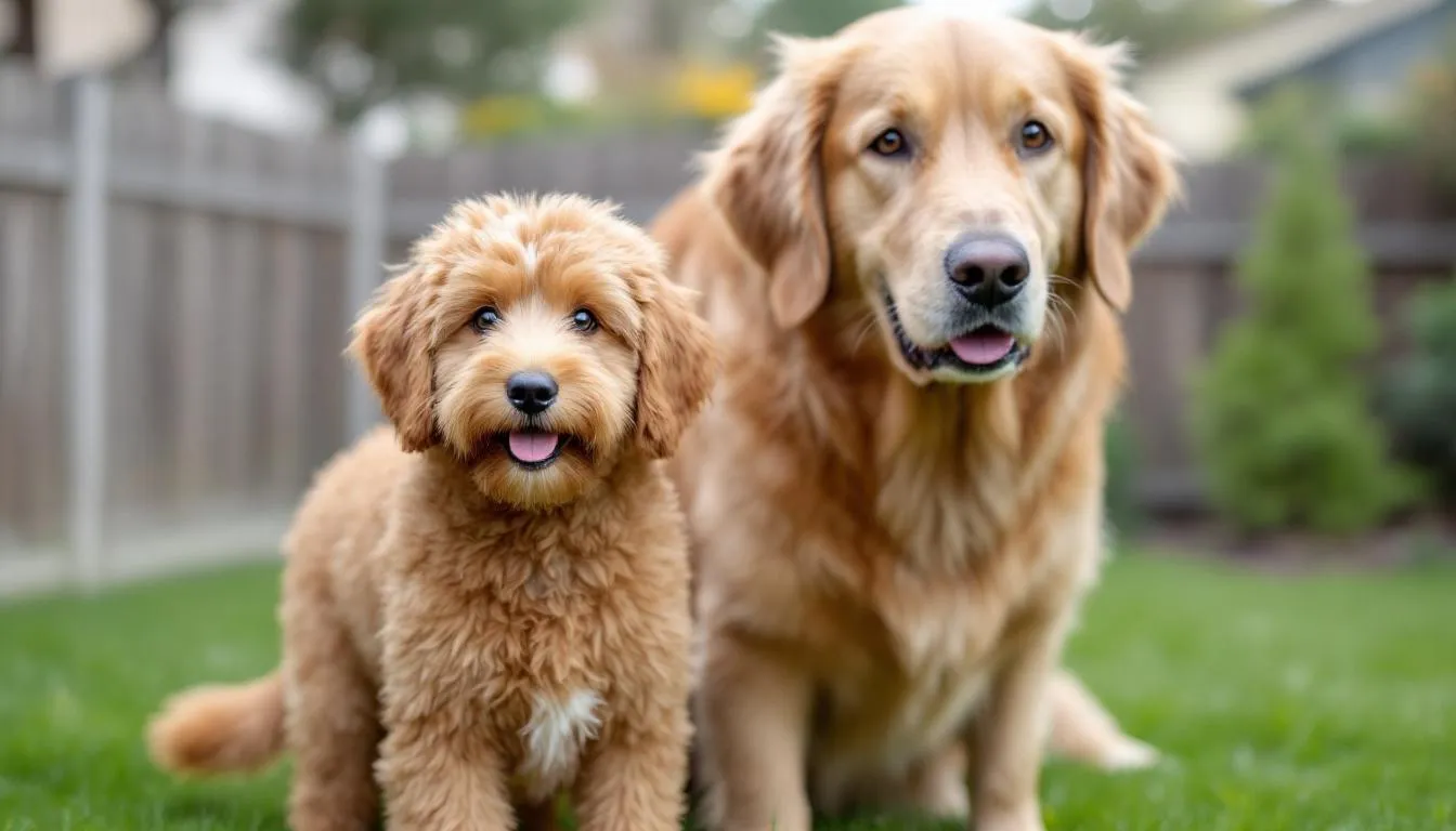 An adult miniature goldendoodle stands next to a golden retriever, showcasing the size difference between the two breeds. The mini goldendoodle, with its small stature, highlights the growth patterns and size categories of goldendoodles compared to the larger golden retriever.
