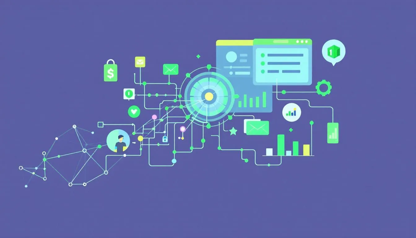 The image depicts a marketing team analysing data analytics powered by artificial intelligence, with visual representations of charts and graphs illustrating customer behaviour patterns and campaign effectiveness. This scene emphasises the integration of AI-driven solutions in marketing strategies, showcasing how businesses can leverage data science for competitive advantage and informed decision-making.
