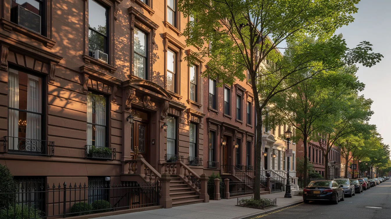 Die elegante Fassade eines historischen Stadthauses in Manhattan ist von hohen Bäumen umgeben und strahlt den Charme der New Yorker Architektur aus. Diese Szenerie erinnert an die Reichtümer und Verbindungen, die in der Finanzwelt von New York, einschließlich der Namen wie Jeffrey Epstein und andere Milliardäre, eine Rolle spielen.