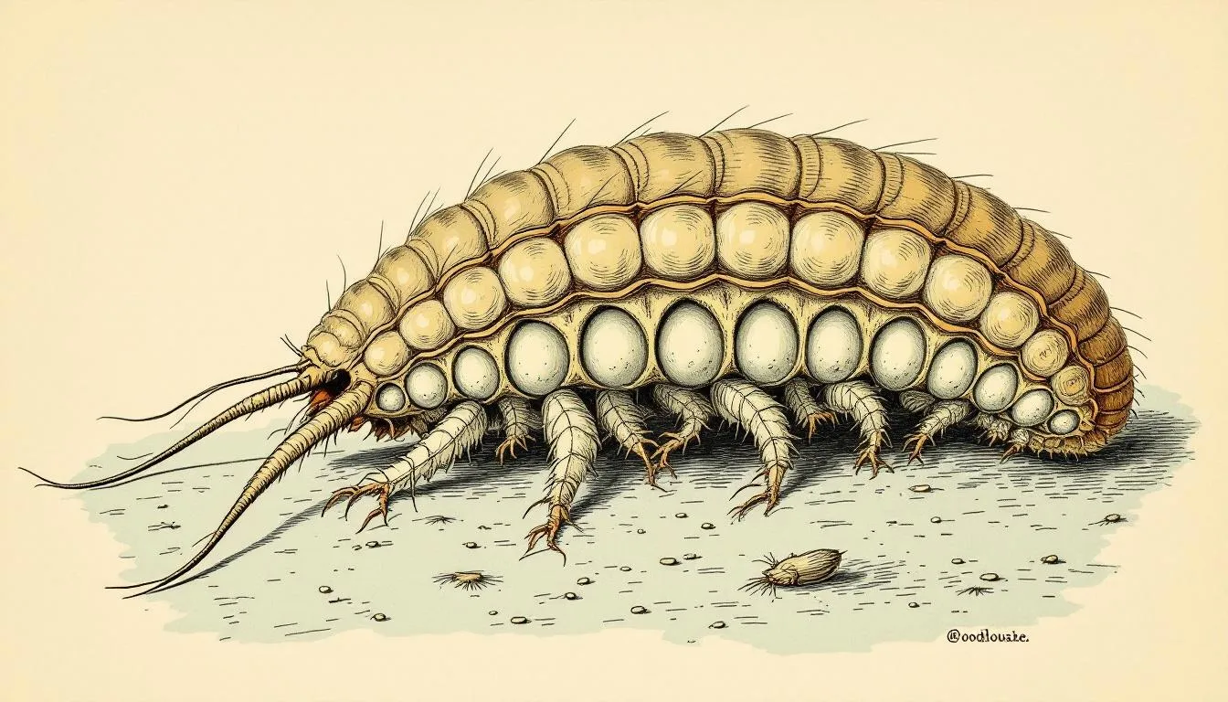 An illustration showing the egg stage of woodlice, including fertilised eggs in a brood pouch.