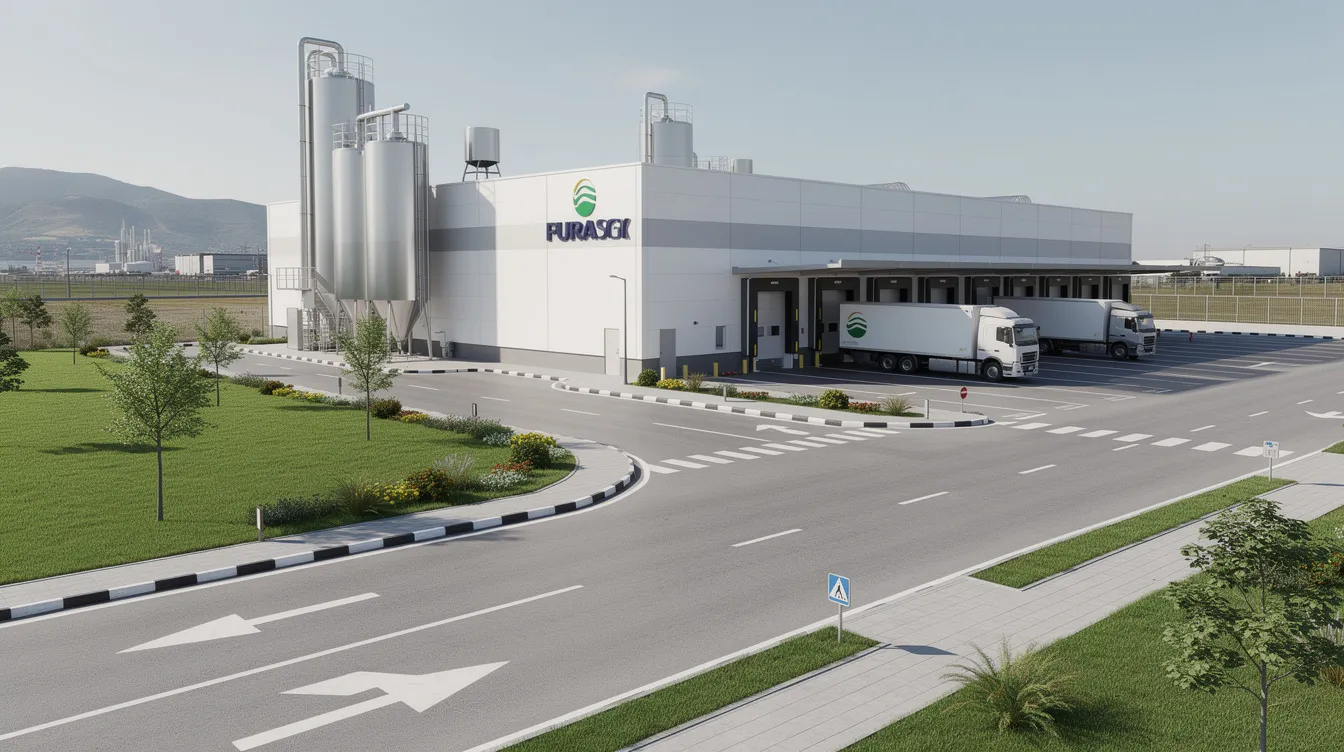 The image depicts the exterior of a modern dairy processing plant featuring a truck loading dock, surrounded by a green area and paved internal roads. This dairy factory is designed for efficient milk processing and storage, supporting the dairy industry with essential operations like raw milk reception and distribution.