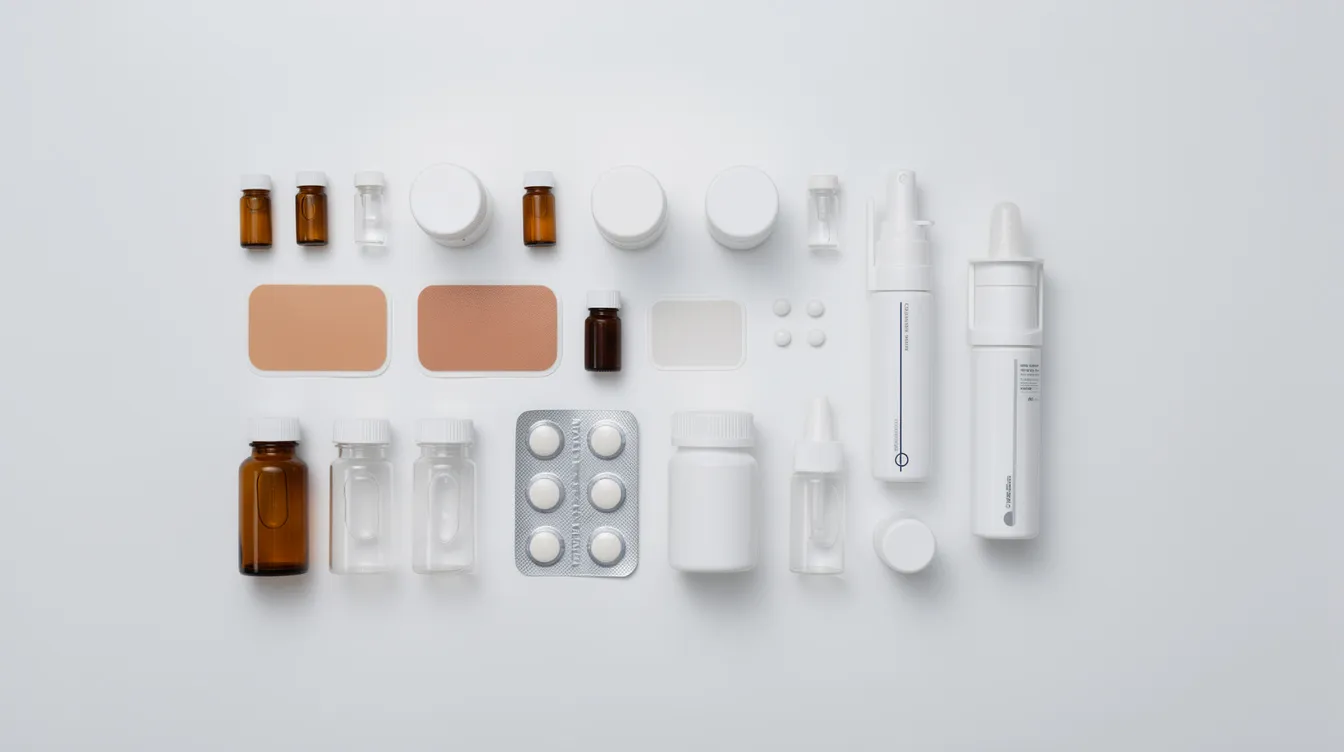The image features various forms of medication, including patches and small bottles, neatly arranged on a clean white surface, representing options for hormone replacement therapy. These medications may address menopausal symptoms such as hot flashes, mood swings, and vaginal dryness, offering treatment options for women experiencing hormonal imbalance.