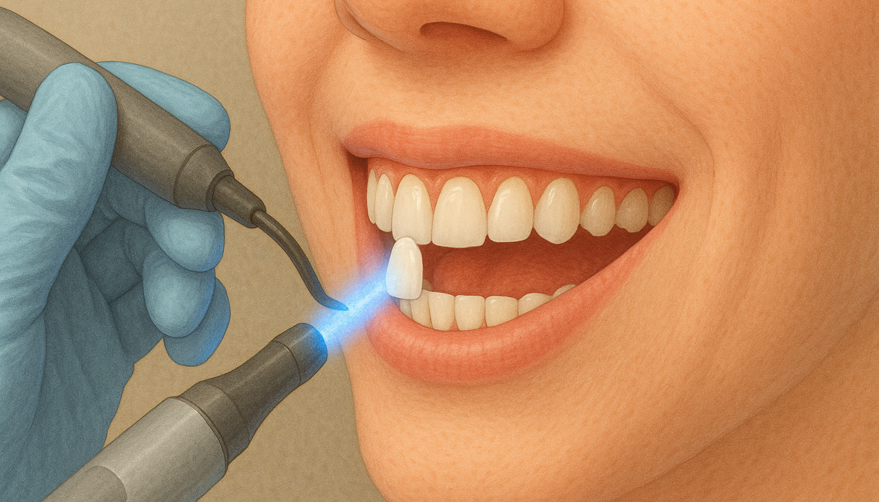 Nærbilde av tannlege som utfører kompositt resin bonding på fortann, viser moderne estetisk behandling med blått herdelampe.