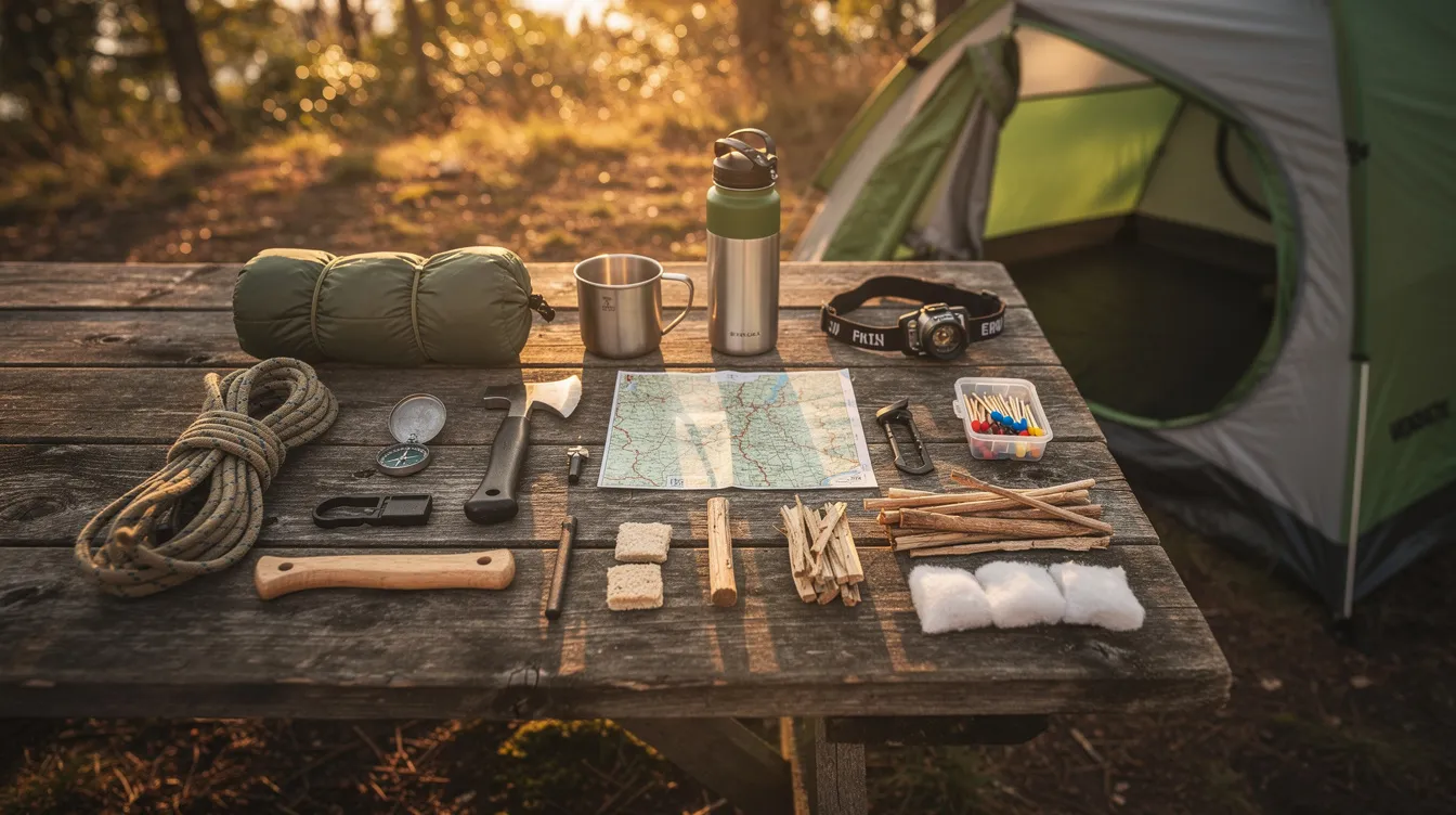 A variety of camping gear and fire starting tools, including cotton balls, dryer lint, and a ferro rod, are neatly arranged on a wooden table beside a tent, ready for outdoor enthusiasts to start a roaring campfire. The setup is ideal for car camping and wilderness survival, ensuring quick ignition and a great time enjoying the great outdoors.