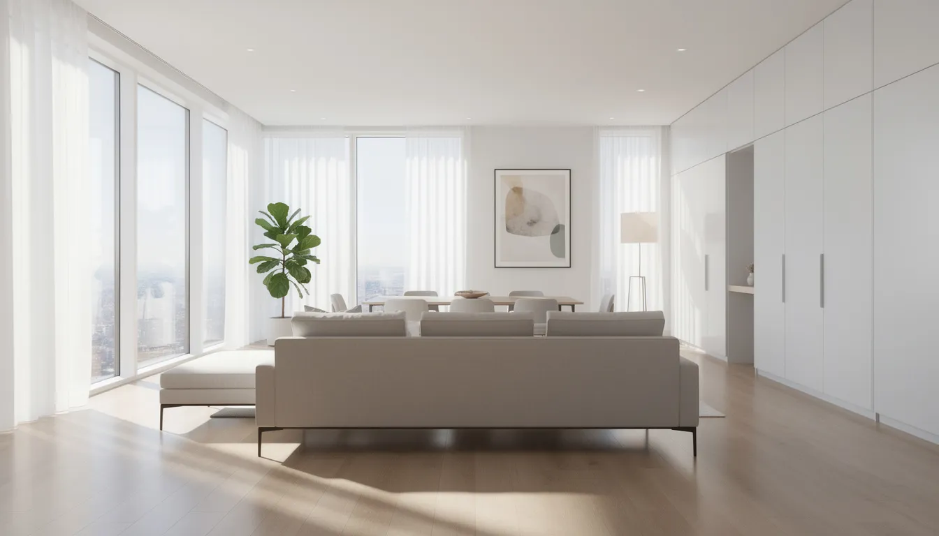 Jasne, przestronne wnętrze nowoczesnego mieszkania z dużymi oknami, które wpuszczają naturalne światło, oraz minimalistycznym wystrojem, idealne do stworzenia atrakcyjnego ogłoszenia o sprzedaży mieszkania. Mieszkanie wyremontowane, z wysokiej jakości wykończeniem, które znacząco zwiększa atrakcyjność oferty dla potencjalnych nabywców.