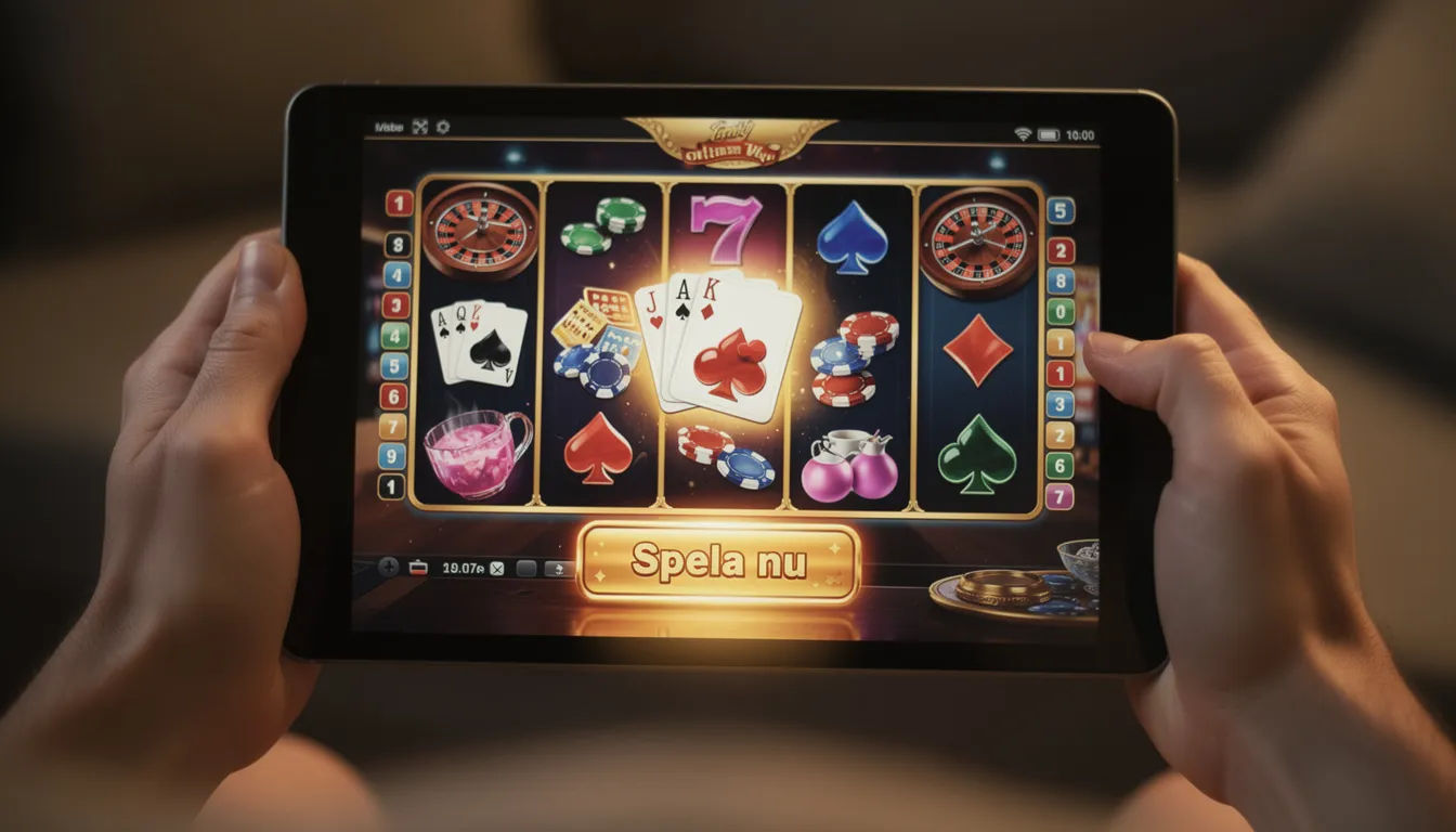 En person sitter och spelar på en surfplatta, där kasinoikoner och symboler är synliga på skärmen. Denna bild kan relateras till att spela på ett online casino som accepterar PayPal som en säker betalningsmetod.