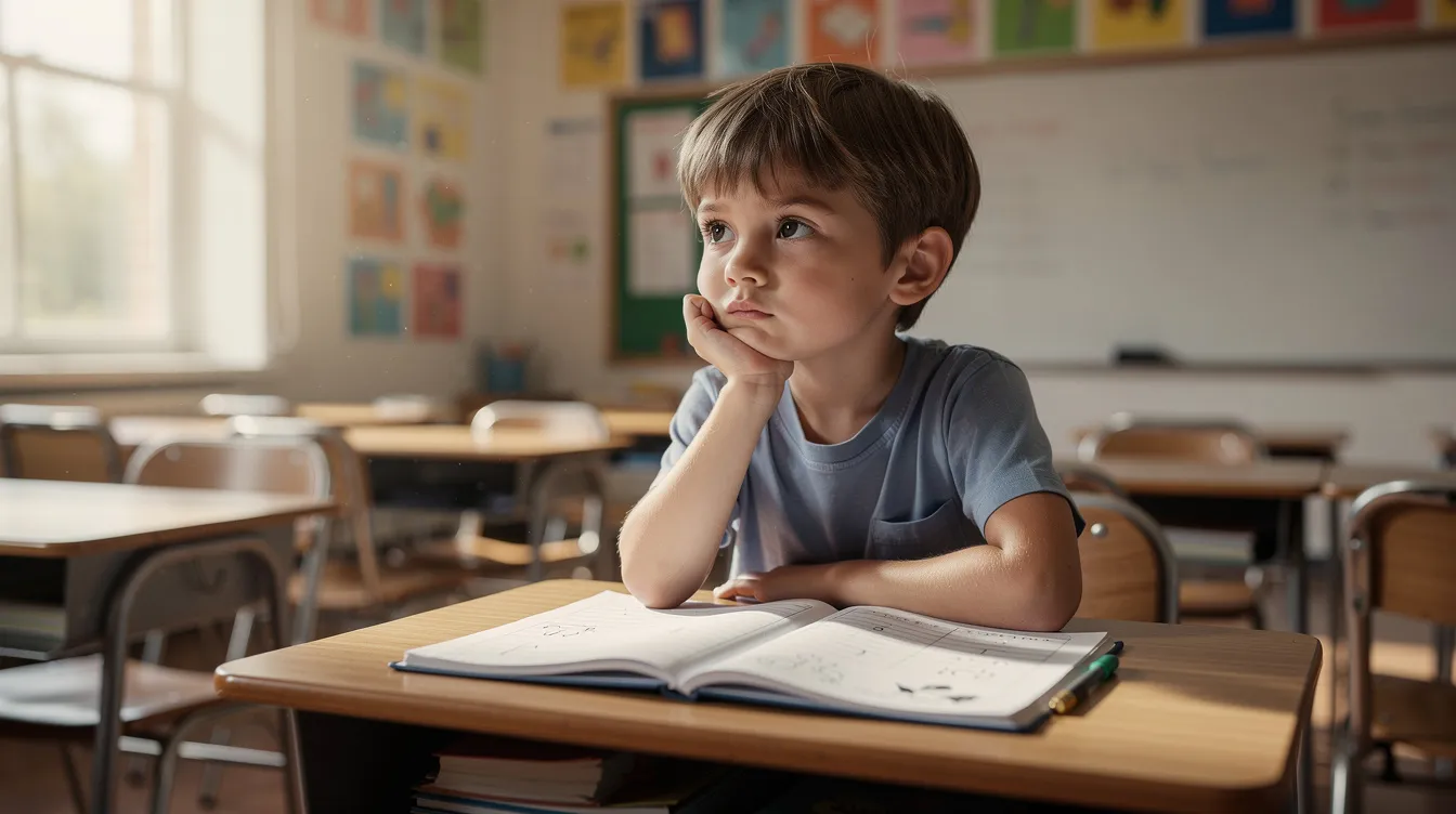A thoughtful child with autism spectrum disorder sits at a school desk in a bright classroom, resting their chin on their hand while looking at an open workbook. The scene highlights the importance of a supportive learning environment that accommodates diverse learners and fosters academic success.