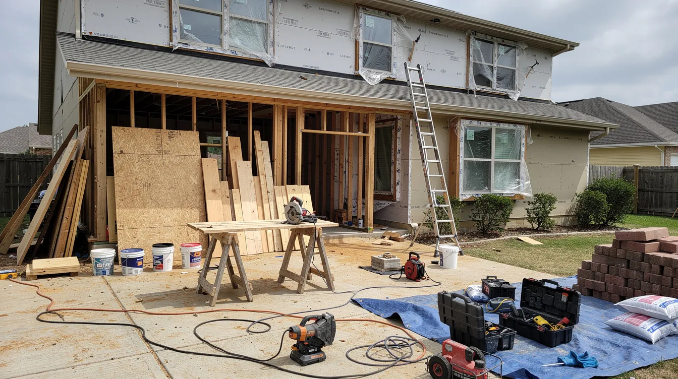 The image depicts a residential property in the midst of renovation, showcasing various construction materials and tools scattered around. This investment property in Michigan may be of interest to real estate investors looking to enhance its market rent and overall property condition for improved rental income.
