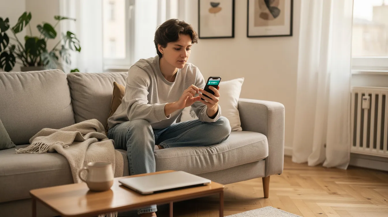 A person is sitting comfortably on a couch in a stylish European living room, using their smartphone to send money through a digital wallet. The scene reflects the ease of managing money digitally, highlighting the convenience of mobile wallets for bill payments and online purchases.