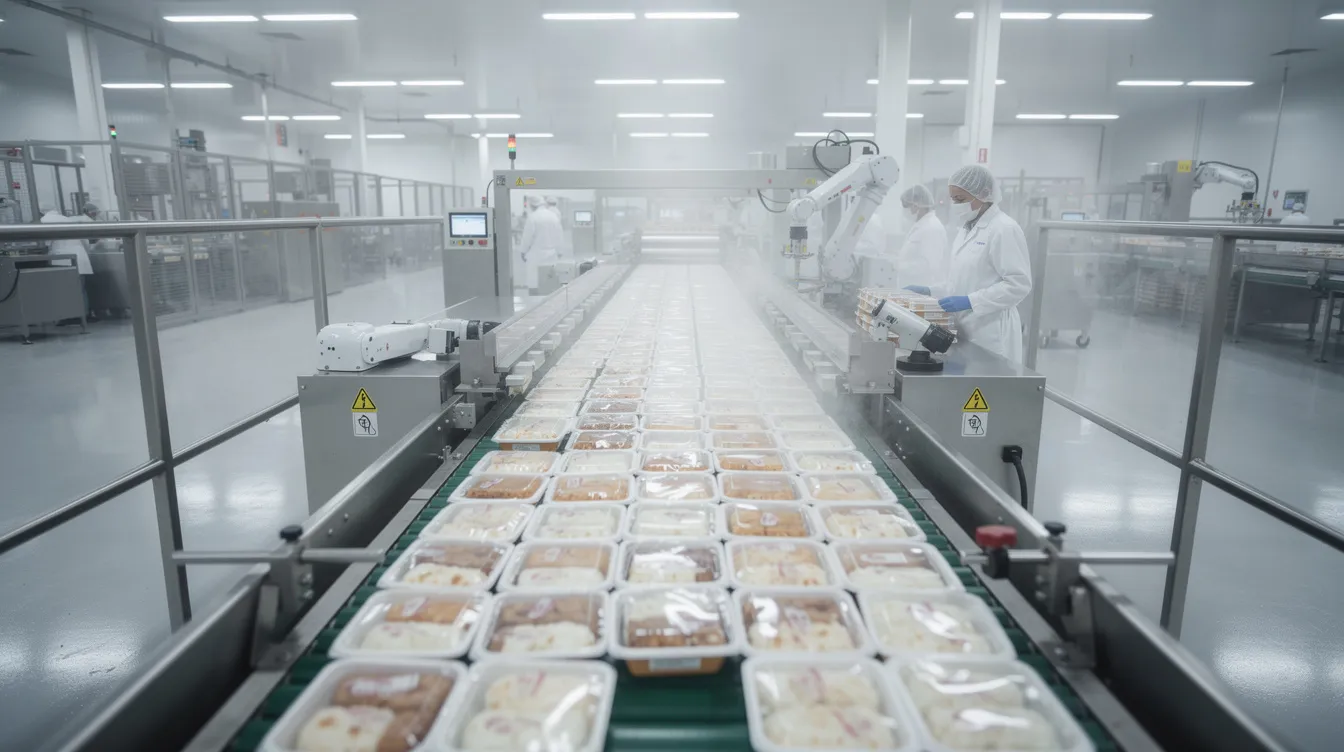 The image shows a conveyor belt in an industrial ice cream manufacturing plant, transporting various ice cream cups and bars through the packaging section. This efficient production line highlights the main steps of the ice cream manufacturing process, ensuring consistent quality and safety for the final product.